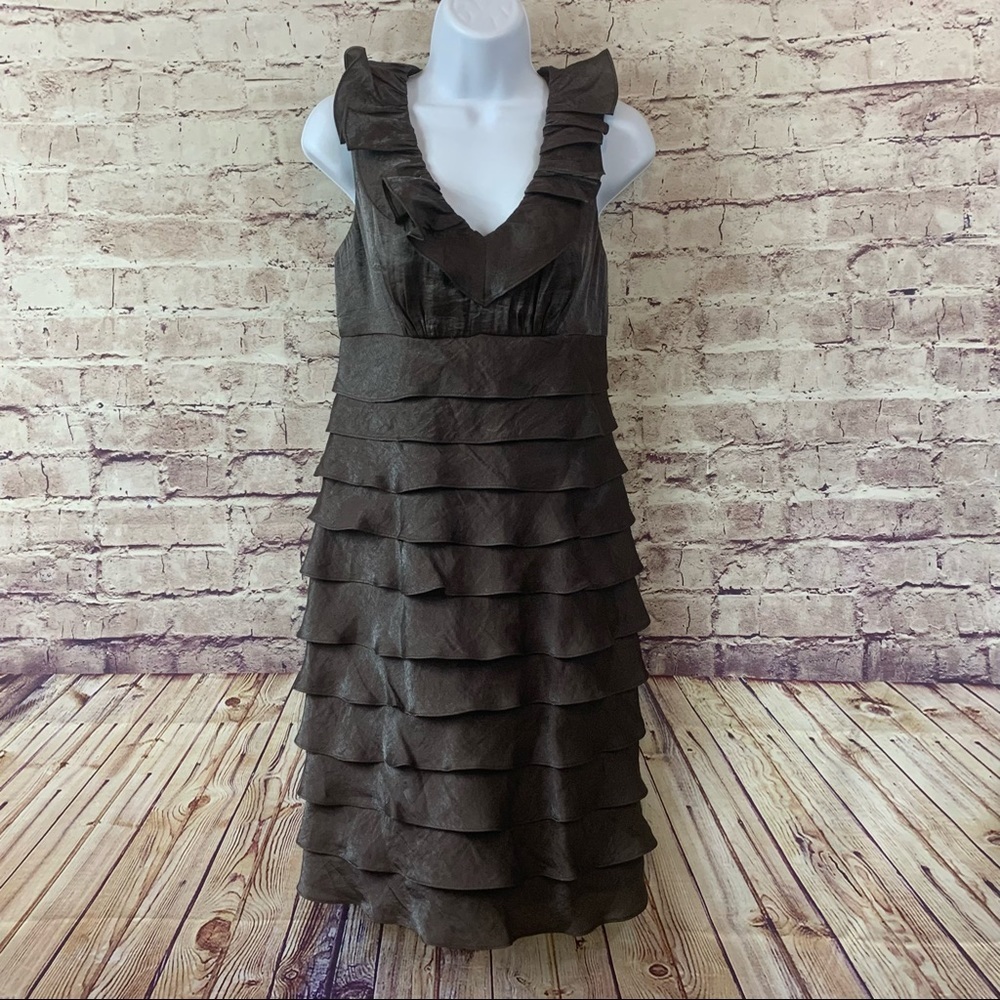 London Times Brown V Neck Tiered Sleeveless Formal Dress